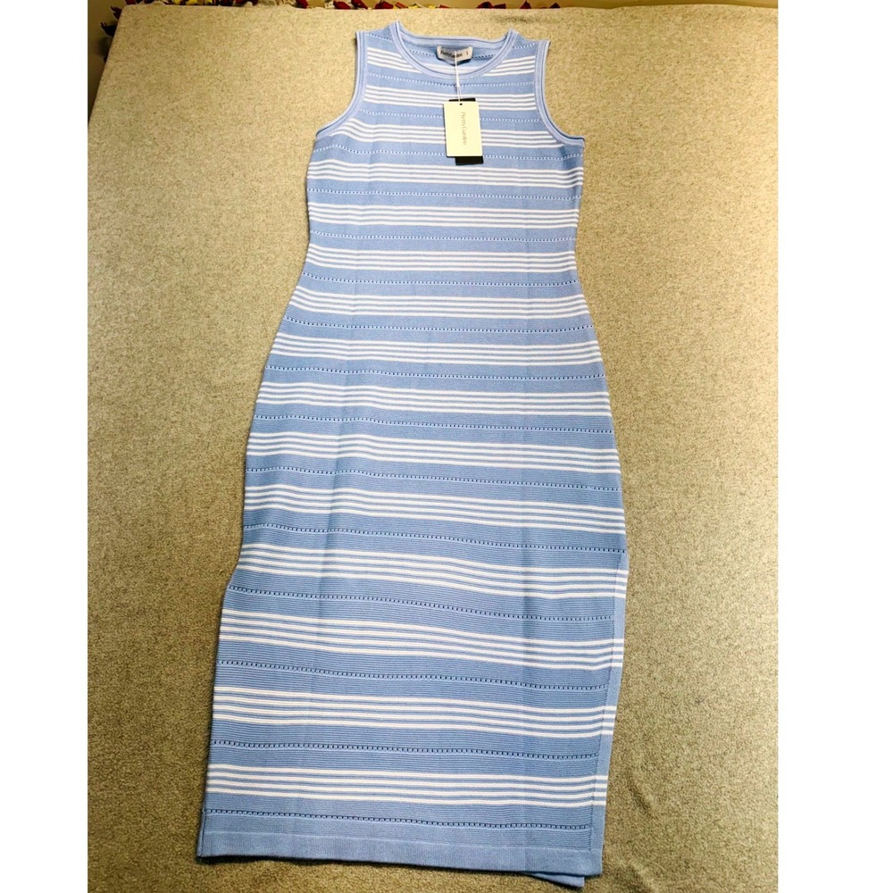 PrettyGarden Womens Small Blue White Striped Knit Midi Dress‎ Sleeveless NWT